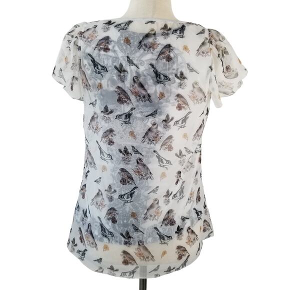 Live & Let Live White Tan Flutter Cap Sleeve Multi Bird   Top Sheer Over Tee M P - Picture 3 of 4